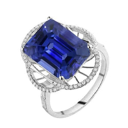 Halo Smaragdblauer Saphirring & runde Diamanten 4 Karat