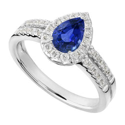 Halo Srilanka Saphir Ring Birne Weißgold & Aus der Erde Abgebauter Natürlicher Diamanten 4 Karat
