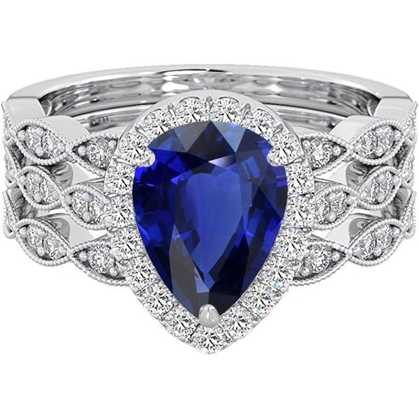 Halo Trauring-Set im Birnenschliff Blauer Saphir Vintage-Stil 4,50 Karat - harrychadent.de