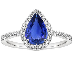 Halo Verlobungsring Birne Ceylon Saphir & Aus der Erde Abgebauter Natürlicher Diamanten 3,50 Karat