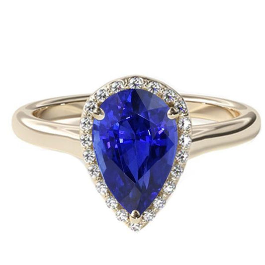 Halo-Verlobungsring Birnenschliff Blauer Saphir & Diamanten 4 Karat - harrychadent.de