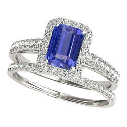 Halo Verlobungsring Set Smaragdblauer Saphir mit Goldband 4 Karat