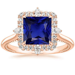 Halo Verlobungsring Vintage Style Blauer Saphir 6,25 Karat Roségold