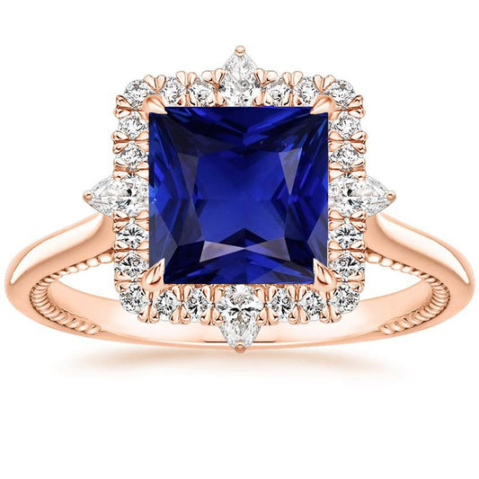 Halo Verlobungsring Vintage Style Blauer Saphir 6,25 Karat Roségold - harrychadent.de