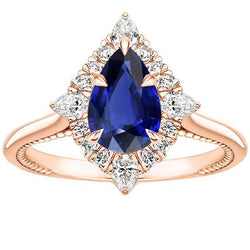 Halo Verlobungsring im Birnenschliff Blauer Saphir & Aus der Erde Abgebauter Natürlicher Diamanten 4 Karat