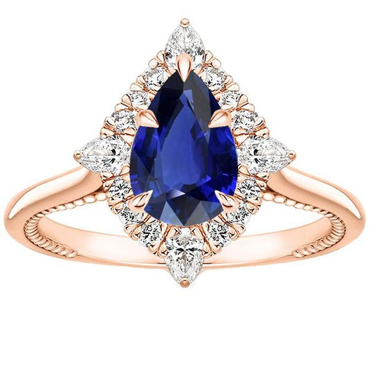 Halo Verlobungsring im Birnenschliff Blauer Saphir & Diamanten 4 Karat - harrychadent.de