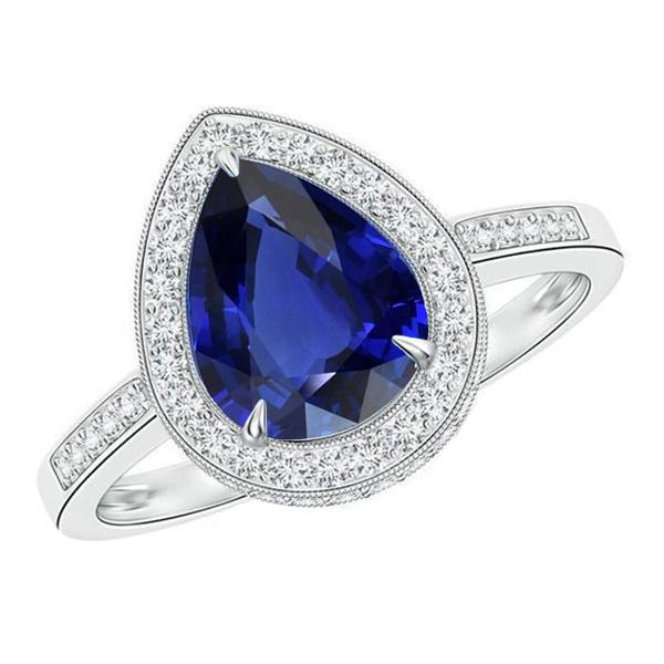 Halo Weißgold Ring Birne Pave Set Diamant Blauer Saphir 2,50 Karat - harrychadent.de