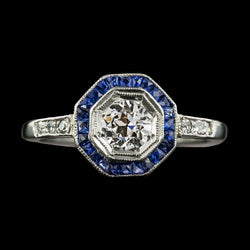 Halo alter Bergmann Aus der Erde Abgebauter Natürlicher Diamant Blauer Saphir Edelsteinring 3 Karat Milgrain