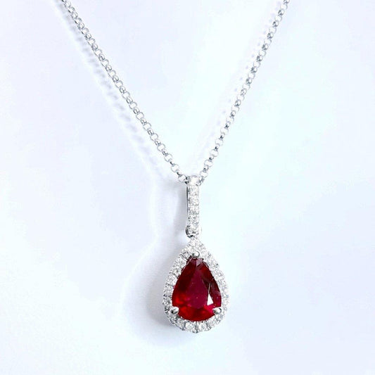 Halskette mit Rubin und Aus der Erde Abgebauter Natürlicher Diamant im Birnenschliff 4 Karat Weißgold 14K
