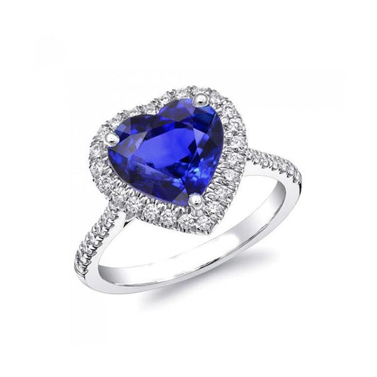 Herz Ceylon Saphir Runder Aus der Erde Abgebauter Natürlicher Diamanten Ring 4 Kt Weißgold 14K