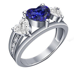 Herz Aus der Erde Abgebauter Natürlicher Diamant 3 Stein Blauer Saphir Ring Mit Akzenten 3,50 Karat