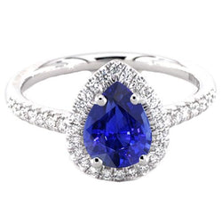 Jubiläumshalo-Ring Birne Blauer Saphir & Aus der Erde Abgebauter Natürlicher Diamanten 3,25 Karat