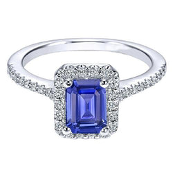 Jubiläumsring Smaragd Halo Blue Saphir & Aus der Erde Abgebauter Natürlicher Diamanten 3.50 Karat