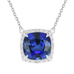 Kissen Blauer Saphir & Aus der Erde Abgebauter Natürlicher Diamant-Halo-Anhänger Hundeohr 5,25 Karat