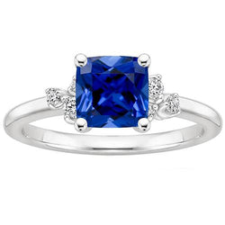 Kissen Blauer Saphir & Aus der Erde Abgebauter Natürlicher Diamant Verlobungsring 2.50 Karat Weißgold
