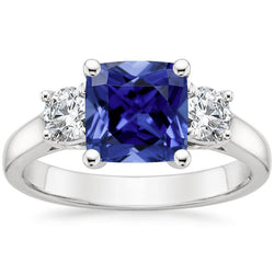 Kissen Ceylon Saphir Aus der Erde Abgebauter Natürlicher Diamant 3 Steine Ring 3,25 Karat