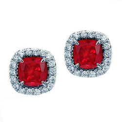 Kissen Rubin mit Aus der Erde Abgebauter Natürlicher Diamanten Ohrstecker 7,50 ct Weißgold 14K