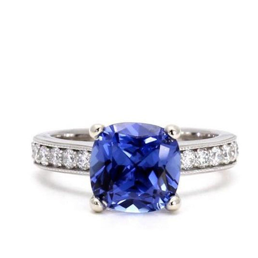 Kissen & Rundschliff 3.30 Karat Ceylon Saphir Aus der Erde Abgebauter Natürlicher Diamanten Ring WG 14K