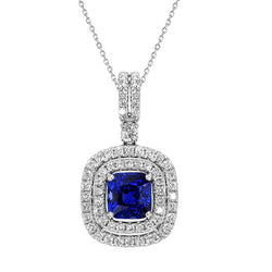 Kissen Saphir & Aus der Erde Abgebauter Natürlicher Diamant Halskette mit doppeltem Halo-Anhänger, 2,75 Karat