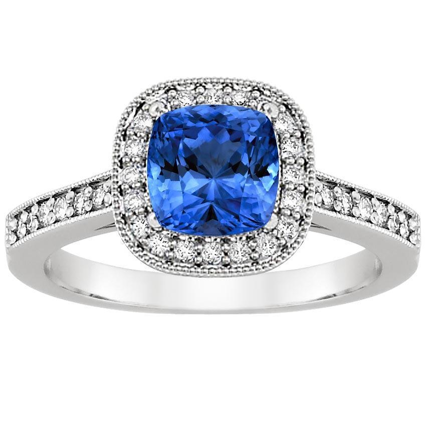 Kissen Sri Lanka Blauer Saphir Diamanten 3.40 ct Ring Weißgold 14K - harrychadent.de