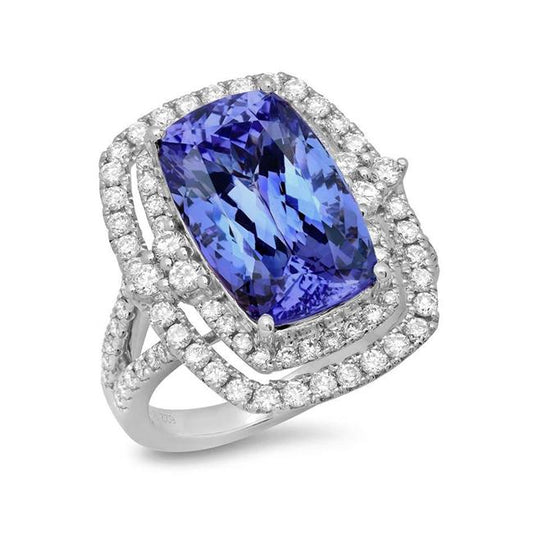 Kissen Tansanit & Aus der Erde Abgebauter Natürlicher Diamant 7 Karat Halo Fancy Ring Gold Weiß 14K