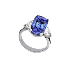 Kissen Tansanit und Aus der Erde Abgebauter Natürlicher Diamanten 3 Steine Ring 5 Karat Weißgold