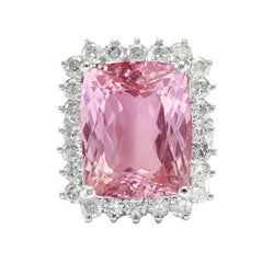 Kissenschliff rosa Kunzit mit Aus der Erde Abgebauter Natürlicher Diamantring Weißgold Schmuck 21 Ct