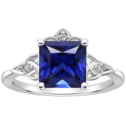 Kleiner Aus der Erde Abgebauter Natürlicher Diamant & Princess Schliff Blauer Saphir Antik-Stil Ring Gold 14K