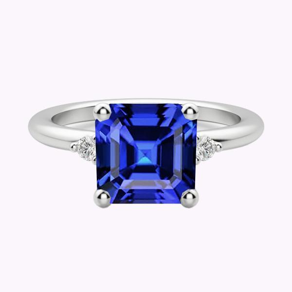 Kleiner runder Diamant 3 Stein Blauer Saphir Ring Asscher Schliff 2,75 Karat - harrychadent.de