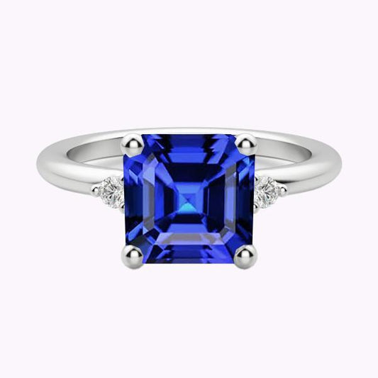 Kleiner runder Diamant 3 Stein Blauer Saphir Ring Asscher Schliff 2,75 Karat - harrychadent.de