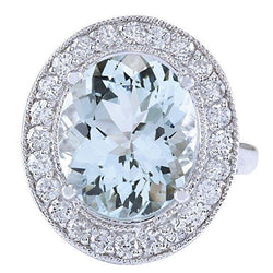 Krappen-Set 11 Kt Runder Aquamarin Und Aus der Erde Abgebauter Natürlicher Diamanten Ring Weißgold 14K