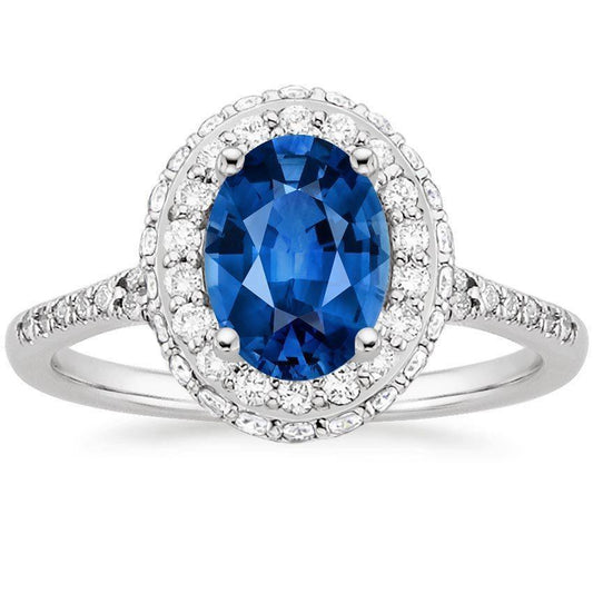 Krappenset Halo Saphir und Aus der Erde Abgebauter Natürlicher Diamanten 3.70 Karat Ring Weißgold 14K