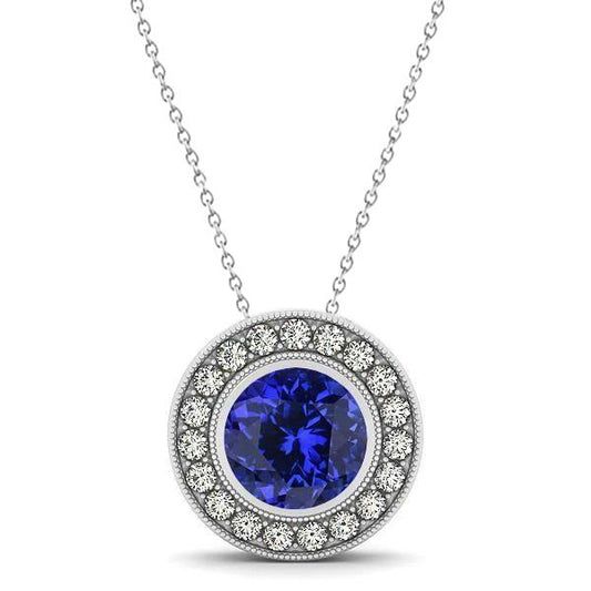 Lünette Set Tansanit mit Aus der Erde Abgebauter Natürlicher Diamanten Anhänger Halskette Gold 14K 2.75 Ct