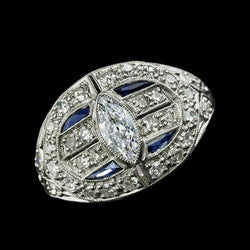 Marquise alter Bergmann Diamant & Blauer Saphir Ring Milgrain 3.25 Karat