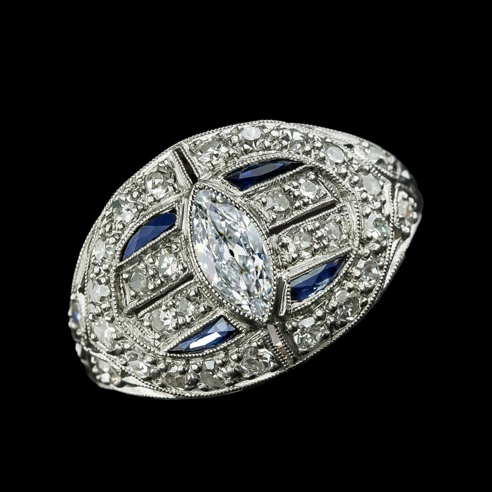Marquise alter Bergmann Diamant & Blauer Saphir Ring Milgrain 3.25 Karat - harrychadent.de