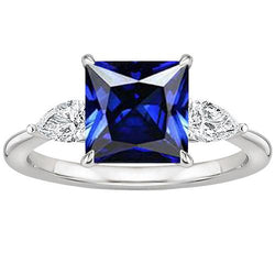 Natürlicher Princess Ceylon Saphir & Birne Aus der Erde Abgebauter Natürlicher Diamant 3 Stein Ring 4 Karat
