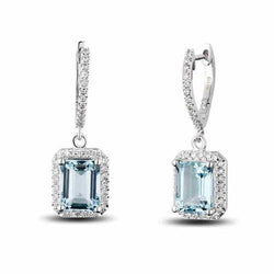 Neu Damen Ohrhänger 18 Kt Aquamarin Und Aus der Erde Abgebauter Natürlicher Diamanten