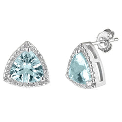 Ohrstecker aus Aquamarin im Trillion-Schliff mit rundem Aus der Erde Abgebauter Natürlicher Diamanten. 5.98 Karat
