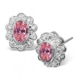 Ohrstecker mit rosa Saphir und Aus der Erde Abgebauter Natürlicher Diamant im Ovalschliff Weißgold 14K 3 Ct