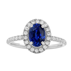 Oval Halo Jubiläumsring Srilanka Saphir & Aus der Erde Abgebauter Natürlicher Diamanten 4 Karat