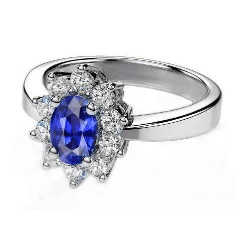Oval & Rundschliff Ceylon Saphir 2.10 Ct. Aus der Erde Abgebauter Natürlicher Diamantring Weißgold 14K