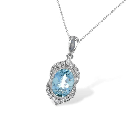 Ovale Halskette mit Aquamarin und rundem Aus der Erde Abgebauter Natürlicher Diamanten 8.30 ct. WG 14K