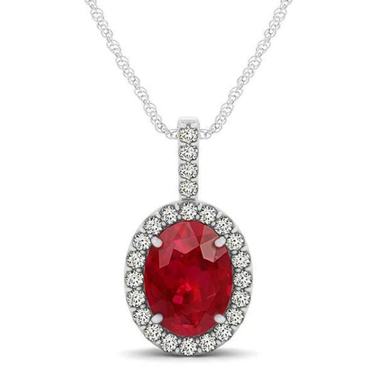 Ovale Rubin-Aus der Erde Abgebauter Natürlicher Diamant-Halskette 9.10 Kt Weißgold 14K