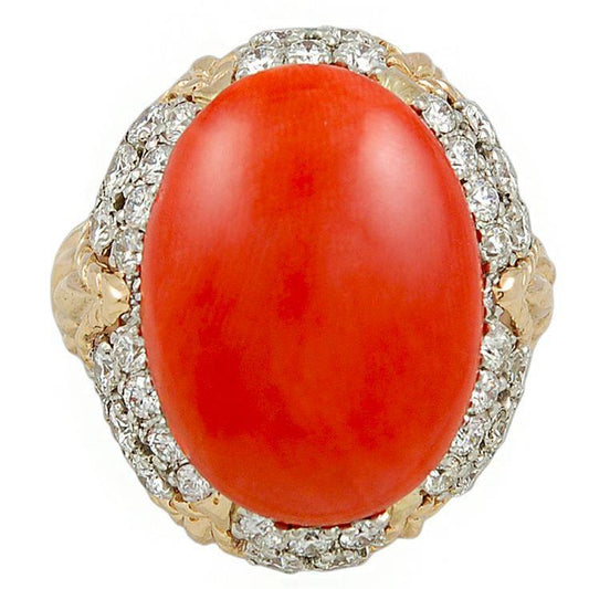 Ovale rote Koralle mit Diamanten 11,20 ct Ehering 14K Gelbgold 14K - harrychadent.de