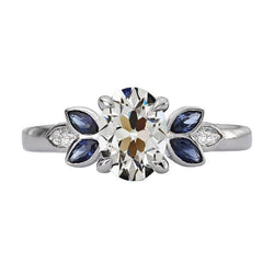 Ovaler Alter Schnitt Diamant & Marquise Blau Saphir Ring 6.50 Karat