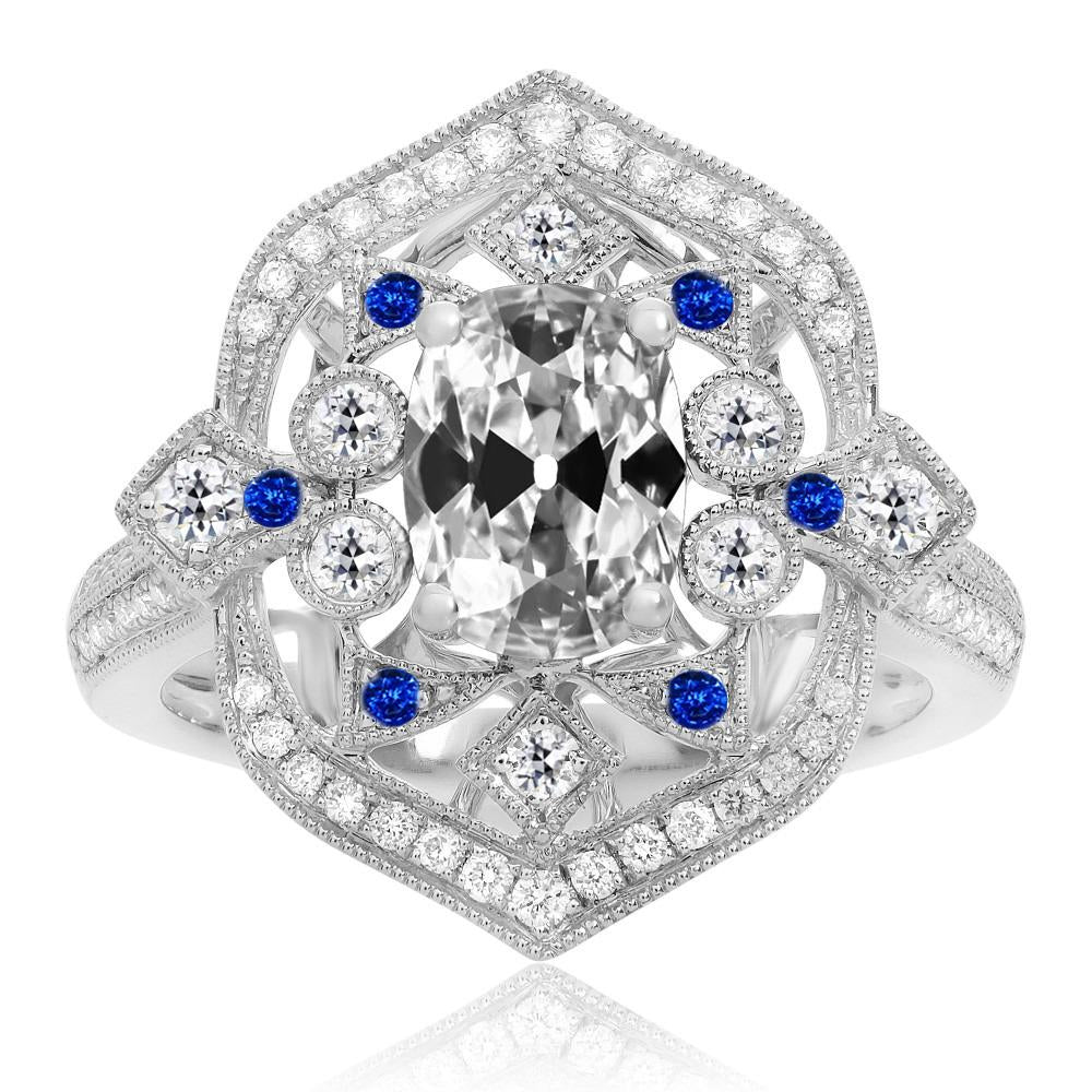 Ovaler Altschliff Diamant & Blauer Saphir Halo Ring Vintage Style 7 Karat - harrychadent.de