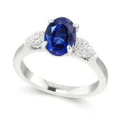 Ovaler Ceylon-Saphir- und Birnen-Aus der Erde Abgebauter Natürlicher Diamant-Drei-Steine-Ring Gold 14K 3 Ct
