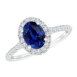 Ovaler Aus der Erde Abgebauter Natürlicher Diamant Halo Ring Blauer Saphir Mit Akzenten 6 Karat Weißgold