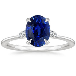Ovaler Jubiläumsring Ceylon Saphir & Aus der Erde Abgebauter Natürlicher Diamanten Weißgold 3 Karat