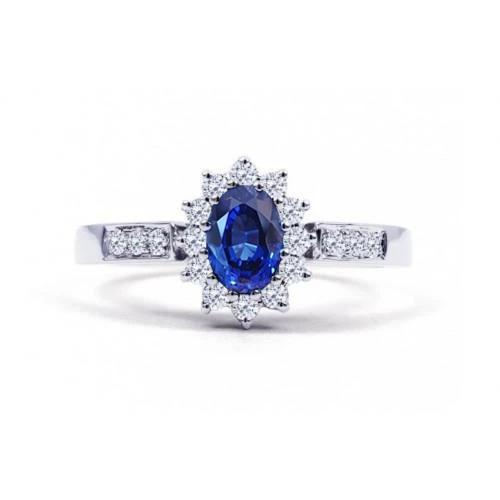 Ovaler Ring mit Ceylon-Saphir und Diamanten im Rundschliff 2.50 Ct